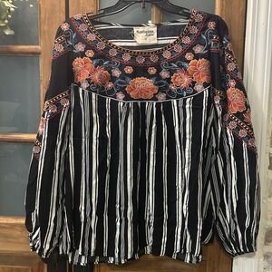 Savanna Jane Top 2X Black White Stripe Embroidered Floral L/S Boho Peasant